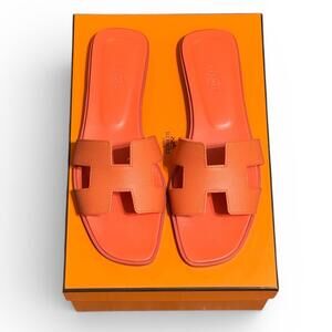 Hermes Oran Sandals Orange 39.5 Leather Slides Shoes